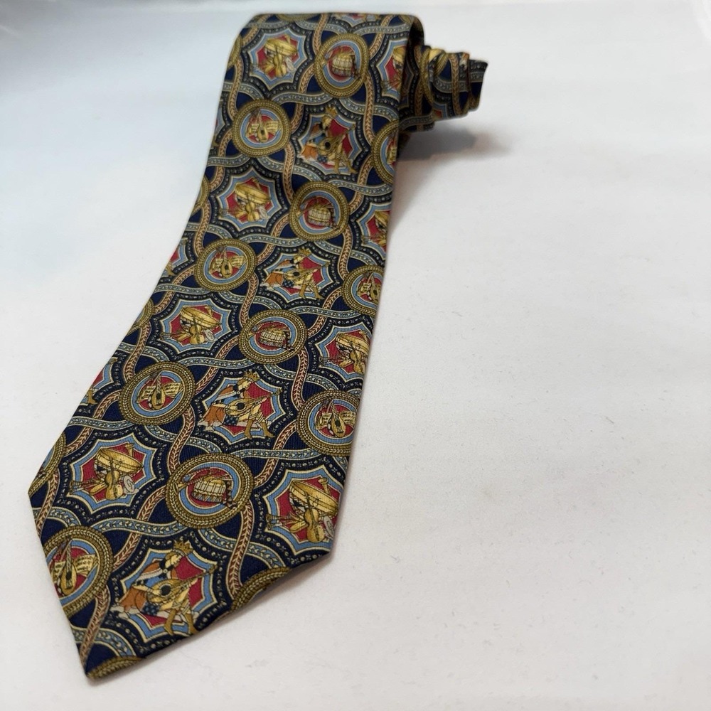 Vintage Ferragamo‎ Silk Tie Music Instrument Medallion Print Italian Luxury 90's